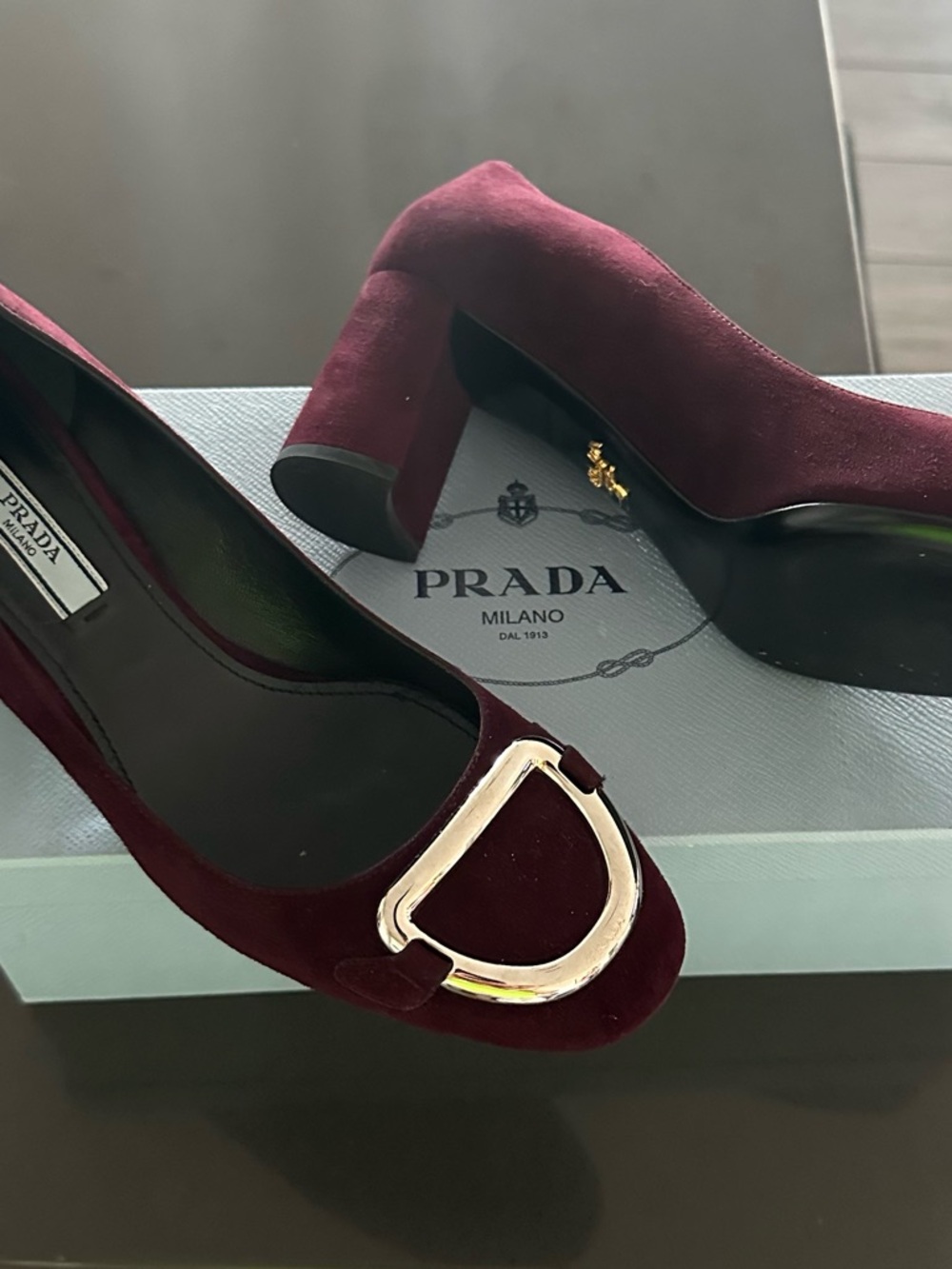 Prada Burgundy Suede Block Heel Pumps with Gold Buckle - Picture 3 of 3